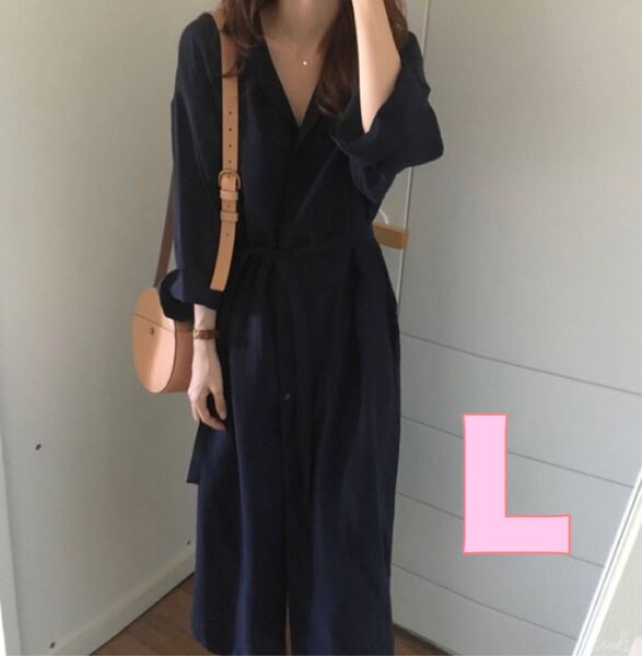 ラスト1点 ロングカーディガン シャツ ネイビー ワンピース L 春 ロング丈 シャツワンピース インスタ