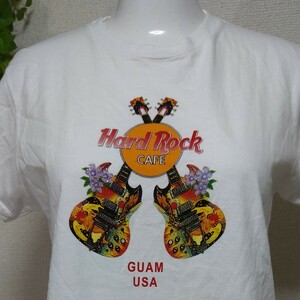 ハードロックカフェ半袖TシャツM　白「GUAM」ツインギターにラメがきれいなお花プリント♪　可愛い！　Hard Rock Cafe