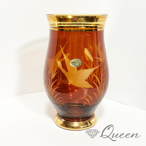☆希少品！☆ ボヘミアガラス BOHEMIA GLASS フラワーベース 花瓶 ブラウン ゴールド アンティーク チェコ 鳥の画像2