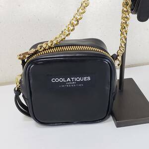 美品◆COOLATIQUES クーラティクス 本革レザー チェーンベルト付き ミニ ショルダーバッグ(ブラック/ゴールド)