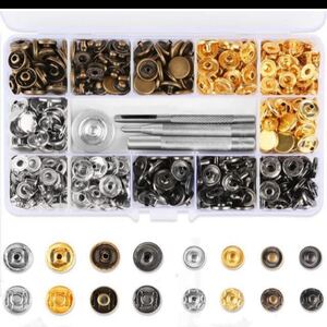 レザークラフト 工具 4種類 & ホック 4色 詰め合わせ ケース付 カシメセット 12mm ホック打ち工具 パーツ手作り