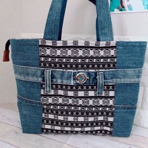 ハンドメイド トートバッグ デニムリメイク 蓋付きトートバッグ