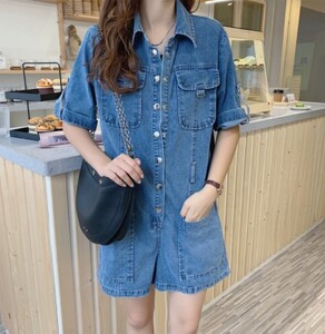 デニムワンピース オールインワン ショート丈 パンツ 韓国 サロペット