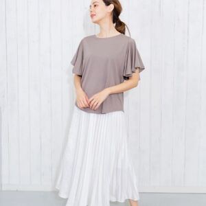 スリットフレアスリーブカットソー tシャツ プルオーバー 半袖 トップス チュニック ブラウス シャツ グレージュ L