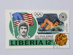 マーク・スピッツ 使用済み切手 ミュンヘン オリンピック 競泳 金メダル ゴールド メダリスト アメリカ 米国 五輪 リベリア USA