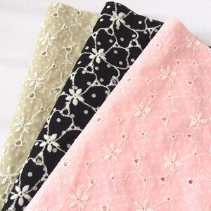 花刺繍 ドット柄 コットンレース生地 刺繍レース 綿レース 刺繍生地 ハギレ はぎれ 綿ローン 花柄