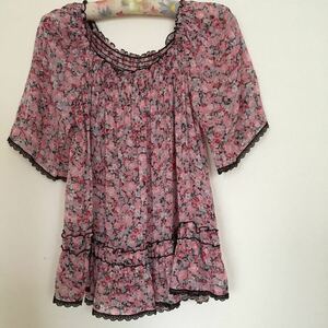  L'Est Rose tops tunic navy short sleeves blouse la* Est pink floral print frill race gya The -