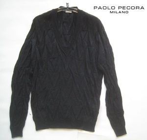 美品イタリア製!!パオロペコラ Paolo Pecora*美シルエット 総柄Vネックコットンニットセーター S 黒 ブラック TOMORROWLAND購入