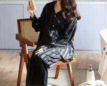 【新品】XL ブラック 黒 ストライプ 女性用 レディース パジャマ ルームウェア 長袖 薄手 アイスシルク #304_画像2