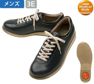  new goods / men's /24.5./27500 jpy / made in Japan / Asahi medical walk 2944/ fastener / black ( dark blue )/ leather / leather /3E/ knee .../ walking 