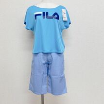 新品14528 FILAフィラL水色ロゴTシャツ&水色ハーフパンツ2点セット水着上下セット BBQ 海プール水遊び日焼け防止半袖Tシャツハーフパンツ_画像1