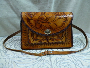  leather shoulder bag Mexico Western leather craft Carving Vintage 