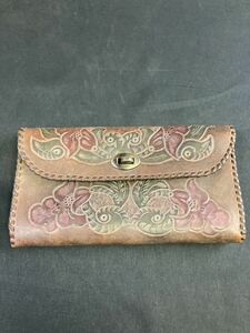 [A1779] leather craft long wallet hand made Vintage case Mexico 