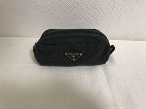  genuine article Prada PRADA original leather wool Mini pouch bag make-up small articles inserting cosme business bag travel travel navy blue navy lady's men's 