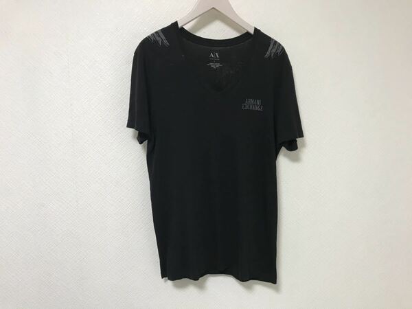 本物アルマーニエクスチェンジARMANI半袖VネックTシャツ柄旅行トラベルビジネス黒ブラックL