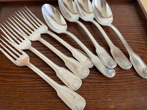  France * Vintage silver plating made table Fork * spoon 8 pcs set 21cm/ shell *./456-1