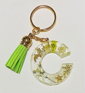 イニシャル キーホルダー 頭文字 C クリア&グリーン系 ハンドメイド エポキシレジン