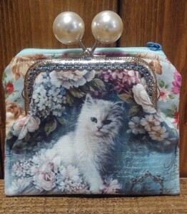 アッシュデザイン〈マリアージュ猫〉がま口付きファスナーポーチ ハンドメイド