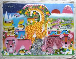 ●アフリカ 絵画『 Animal's Day & Night 』ティンガティンガ by Yaphidu 45*75cm, 絵画, 油彩, 動物画