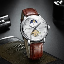メンズ高級腕時計 機械式 自動巻 トゥールビヨン ムーンフェイズ表示 本革ベルト 紳士 ビジネス 夜光 防水 ブラック|a_画像3