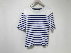 美品本物シップスshipsコットンボーダーカットソー半袖Tシャツ5部丈Sメンズ旅行トラベル白ホワイトブルーアメカジ