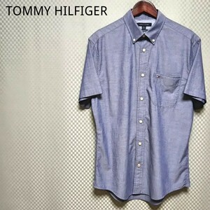 トミーヒルフィガー☆ハーフボタンダウンシャツ 半袖 無地 刺繍ロゴ M ブルー