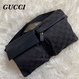 【美品】GUCCI キャンバス レザー ボディバッグ ウエストポーチ GG柄 黒 ボディーバッグ