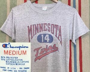 USA製 80s トリコタグ チャンピオン MLB ミネソタ ツインズ 染み込み 3段 プリント ビンテージ 半袖 Tシャツ US- M サイズ //