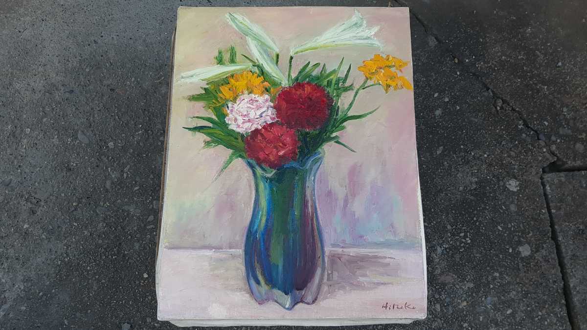 Naturaleza muerta, flores, florero ★ Pintura, pintura al óleo [F6] Tamaño: aprox. 41 x 32 cm [※segundo desde la derecha del trastero], Cuadro, Pintura al óleo, Naturaleza muerta