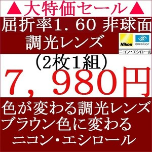 ▲大特価セール▲メガネレンズ交換 ニコン・エシロール 単焦点レンズ 1.60 ＡＳ 調光レンズ ブラウン色に変わる 3 NS17