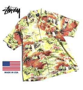 極希少【90's】USA製 OLD STUSSY ステューシー 総柄 アロハシャツ L 半袖 白タグ 送料370円 椰子の木 オールド 雰囲気抜群 レアモデル