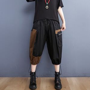 ハーフパンツ カーゴパンツ ワイドパンツ 膝下丈 ボトムス ワークパンツ カボチャパンツ アジアン エスニック M 黒 ブラック レディース L