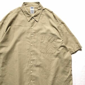 2002年 オールドネイビー リネン×コットン ボックスシャツ 半袖 (XL) カーキ系 無地 00's 00年代 旧タグ オールド OLD NAVY