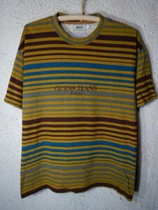 to3473　レア　GUESS　ゲス　アメリカ製　vintage　ビンテージ　マルチ　ボーダー　tシャツ　刺　ロゴ　人気　ストリート　送料格安　
