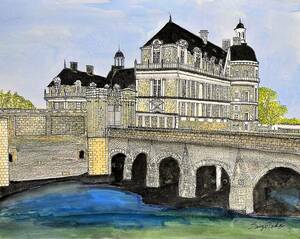 Art hand Auction Château Haruyoshi Tada Serran dans la Loire, Dessiné à la main et dédicacé, certificat, Livré avec un cadre de haute qualité, livraison gratuite, Peinture, aquarelle, Nature, Peinture de paysage