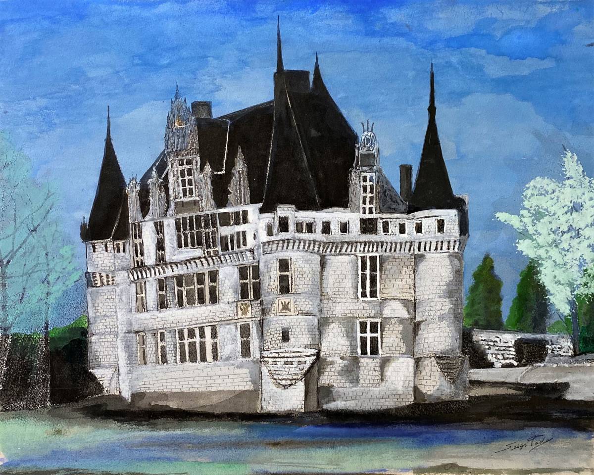 Haruyoshi Tada Castle of the Loire, Azay-le-Rideau, Hand-drawn and autographed, certificate, Comes with a high-quality frame, free shipping, Painting, watercolor, Nature, Landscape painting