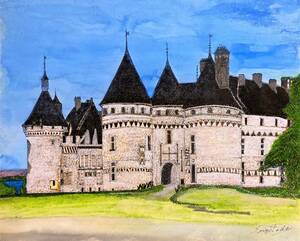 Art hand Auction Haruyoshi Tada Château de Chaumont dans la Loire, Dessiné à la main et dédicacé, certificat, Livré avec un cadre de haute qualité, livraison gratuite, Peinture, aquarelle, Nature, Peinture de paysage