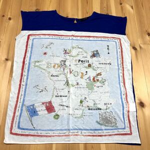 Tシャツ　半袖　フランス　地図　トリコロール　ゆったり　チュニック　ブルー バンダナ柄