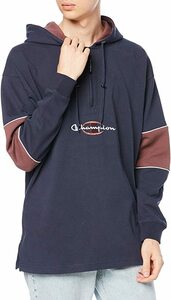 新品 Champion ロングTシャツ 長袖 Tシャツ ハーフ ジップ パーカー 配色切り替え スクリプト ロゴ 刺繍 茶 チャンピオン フード L 秋夏用