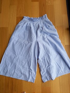 ガウチョパンツ ワイドパンツ ウエストゴム ストライプ 夏 ブルー ライトブルー フリーサイズ ショコラフィネローブ ズボン