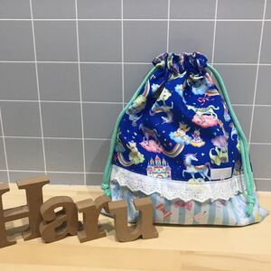 体操服入れ お着替え袋 ハンドメイド 女の子用 ユニコーン &ゾウ レース付き