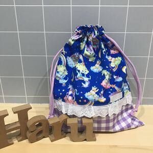 体操服入れ お着替え袋 ハンドメイド 女の子用 ユニコーン &ゾウ レース付き