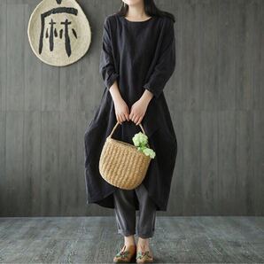 シンプル 無地ワンピース ロングワンピース 新品 ゆったり体格カバー 長袖 綿質 肌触り良い 着心地良いレディースワンピース