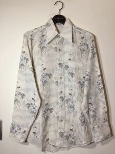  beautiful goods 70's USA Vintage total pattern long sleeve shirt floral print branch bird river hemp length collar 70 period America peace pattern DRESS TAIL M 15 1/2 dress shirt vintage