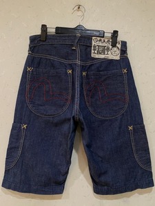 ※新恵美寿神頭 EVISU エヴィス エビス LOT 2001 レッドカモメ刺繍 カーゴ ショート ハーフ デニムパンツ 濃紺 32 　　　　　 BJBA.H