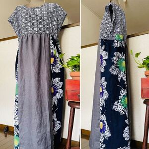 ハンドメイド 着物リメイク 浴衣ギャザーワンピース リネン生地&色々浴衣リメイク