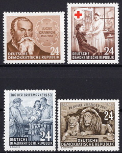 ★1953年 東ドイツ-「ルーカス・クラナッチ死去400年」+「看護師と患者」+「郵便配達人」+「ライプチヒ動物園」1種完未使用(MNH)★ZU-388