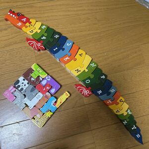 木製玩具 ミニ 動物 積み木 & アルファベット ワニパズル ブロックパズル セット 知育玩具