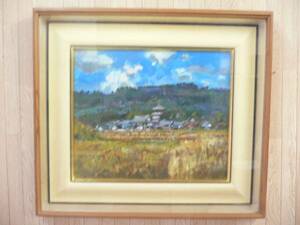 Art hand Auction Sakuji Yamamoto Peinture à l'huile Vue lointaine du temple Horyuji taille F8 Yonago, Tottori Garanti authentique, Peinture, Peinture à l'huile, Nature, Peinture de paysage