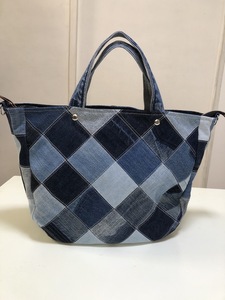 デニムリメイクバッグ ハンドメイド オリジナル ショルダートートバッグ 2way パッチワーク 斜めブロック柄